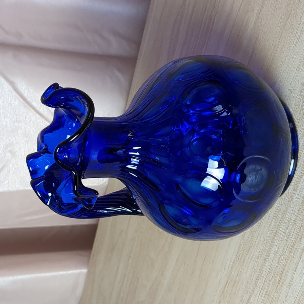 Fenton Cobalt Blue Dot Pitcher with Raised Swirl Handle - Picture 6 of 13